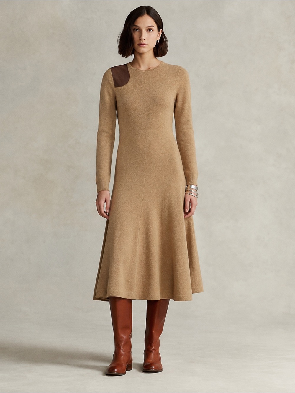 Ralph Lauren 100% Cashmere Leather Shoulder Patch Sweater Dress Quiet Luxury | S